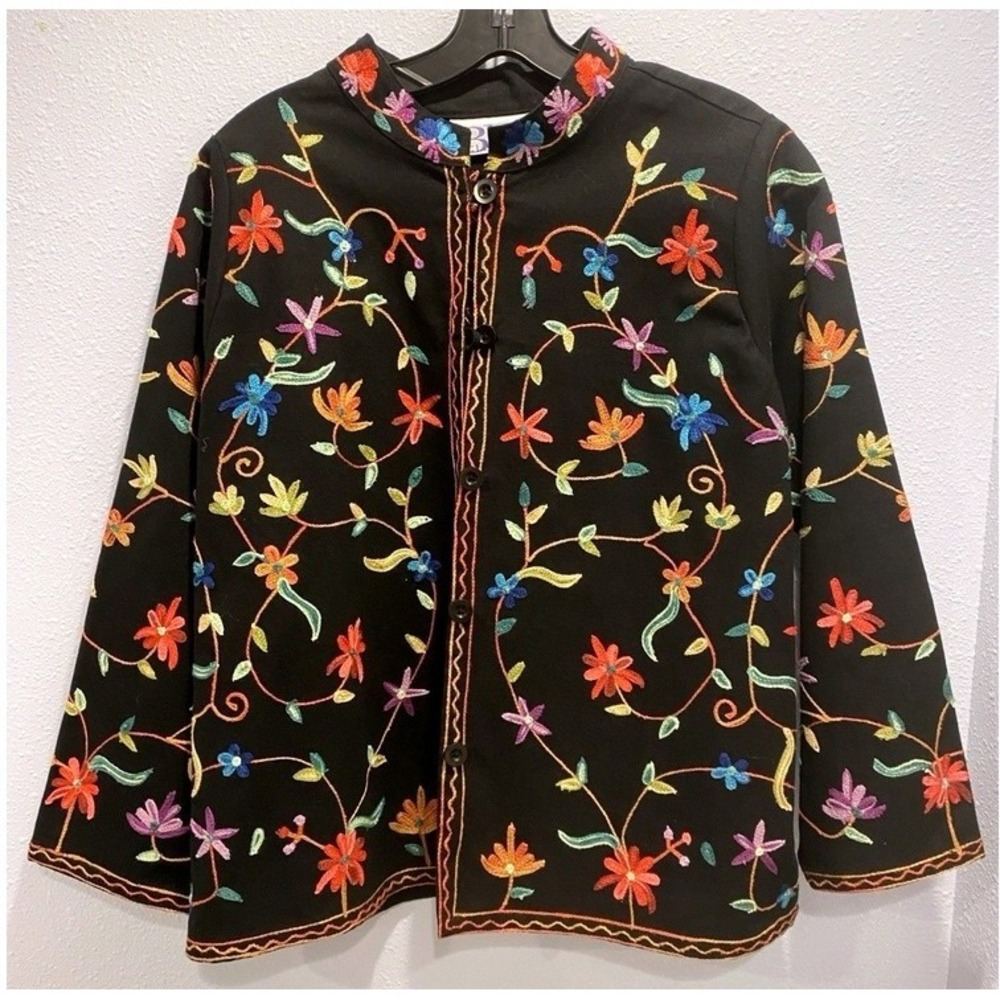 Vintage BFA Club Scene Embroidered Floral Jacket Black Boho Folk Art 90s Style